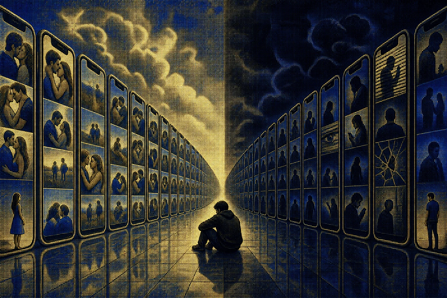 A solitary person surrounded by repeating phone screens that shift from affection to suspicion