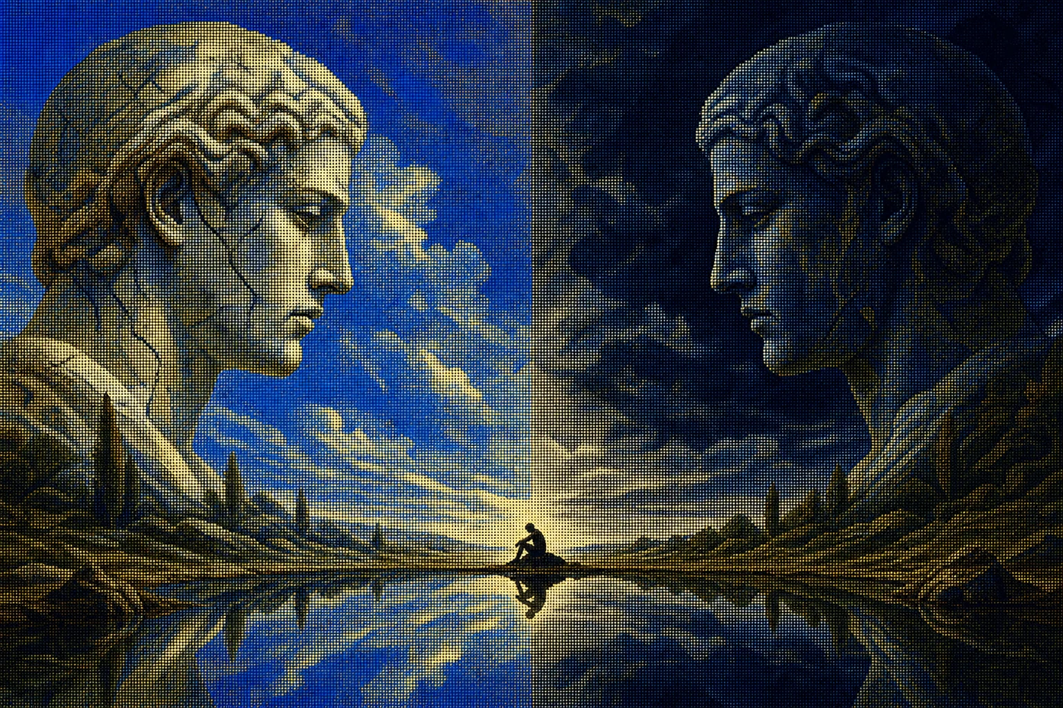 Dithered cobalt poster of a thinker seated between two opposing stone faces
