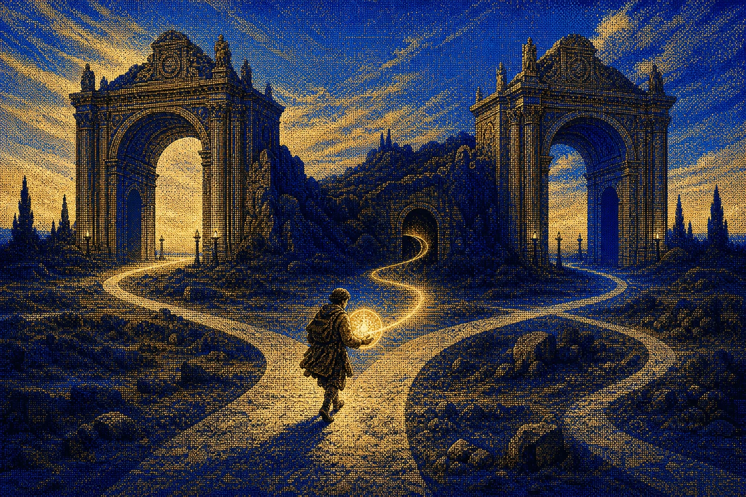 Dithered cobalt poster of a courier facing three diverging routes