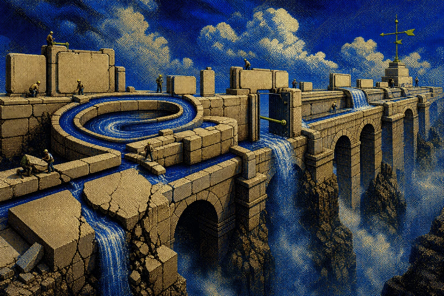 Dithered cobalt poster of engineers inspecting a fractured monumental aqueduct