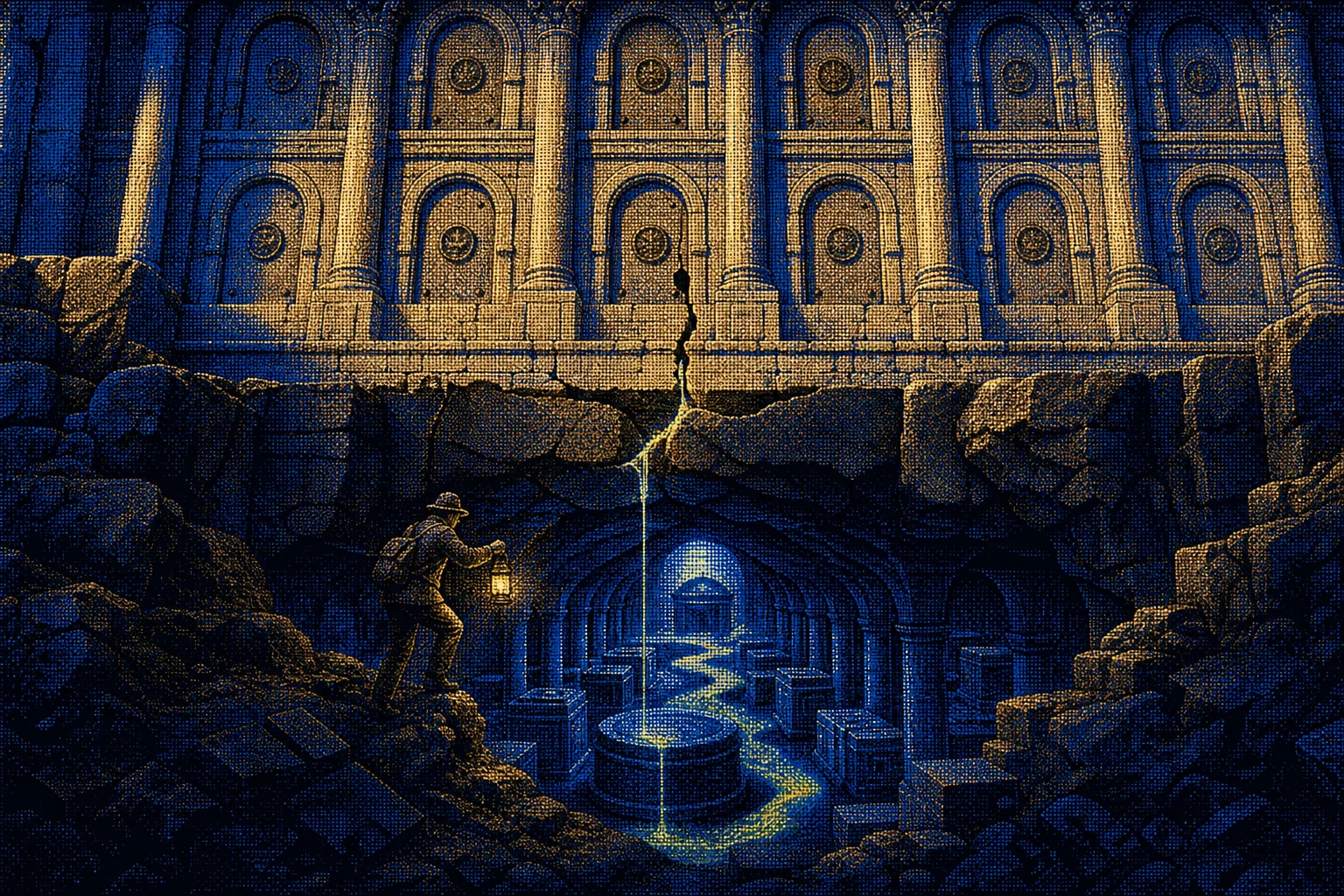 Dithered cobalt poster of a hidden breach beneath a monumental archive