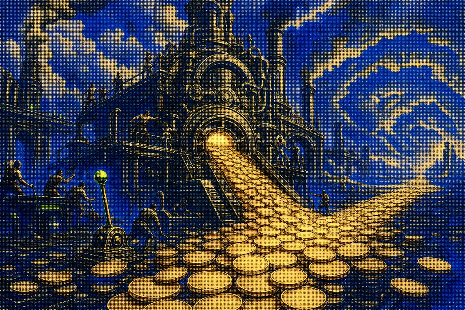 Dithered cobalt poster of an ancient mint producing an endless stream of blank coins