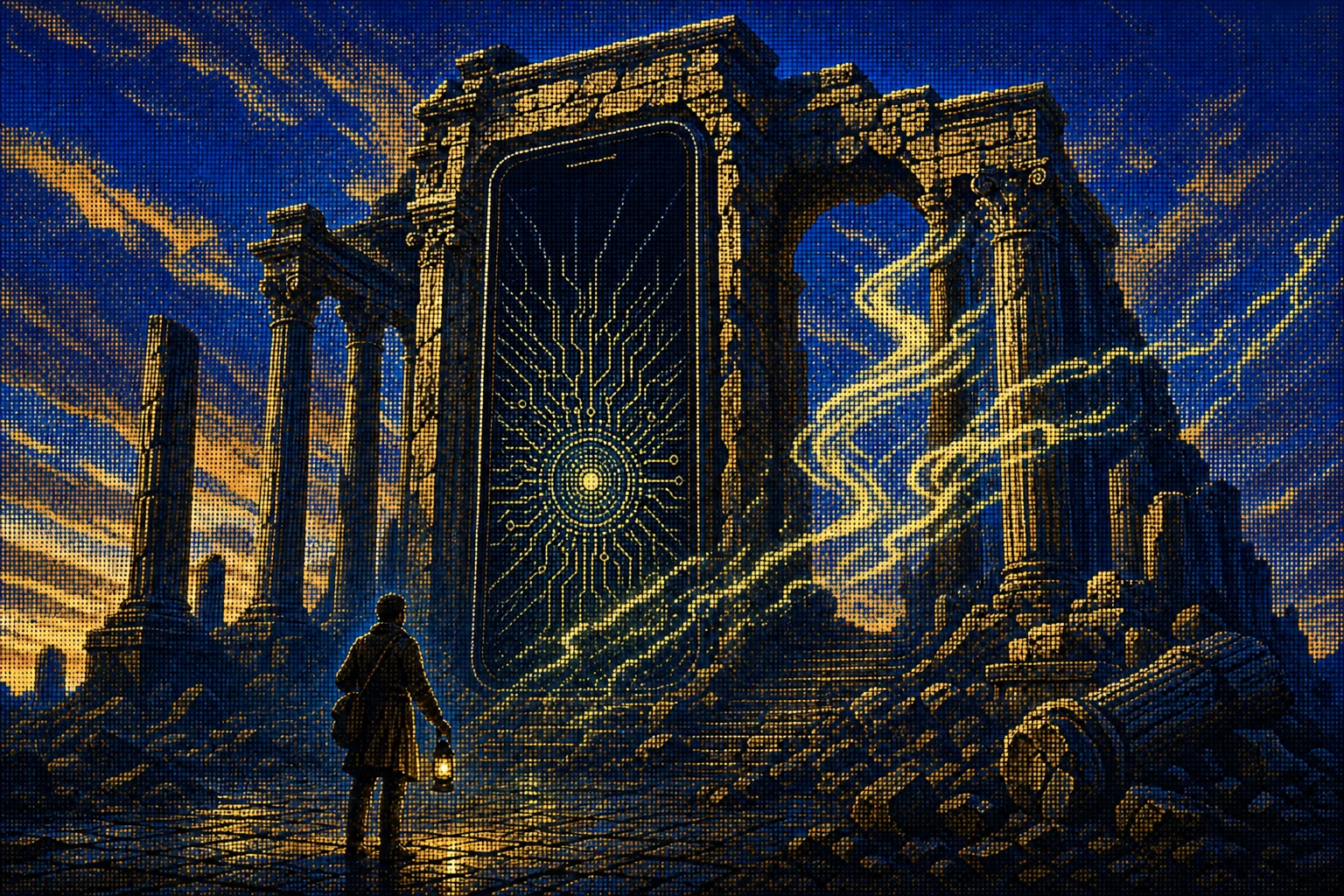 Dithered cobalt poster of an investigator approaching a fractured glass portal